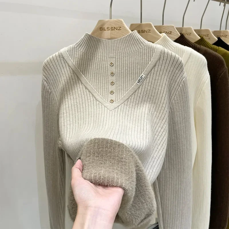 Suéter cálido de Invierno para mujer, Jersey de punto grueso de terciopelo de felpa, prendas de punto forradas, medio cuello alto coreano, Tops de punto suave para mujer