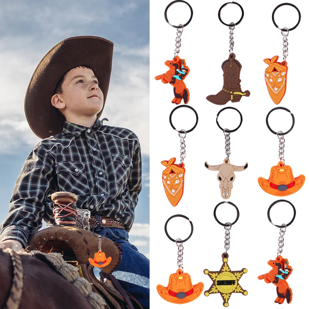 6/12pcs Western Cowboy Keychain Silicone Key Ring Horse Boot Cowboy Hat Western Themed Party Favors Kids Birthday Party Decorati