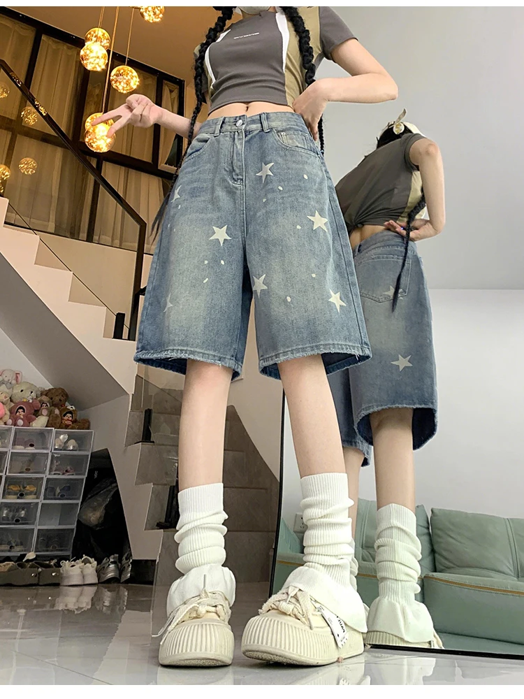 Retro Star Print High Waist Denim Shorts Women's plus Size Loose Slimming Five-Point Jeans Casual Comfortable Mid-Length