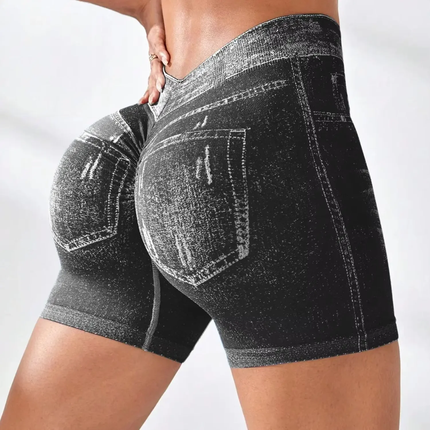 Shorts pour femmes, dos en V, faux jean, élastique, entraînement, sport, yoga, leggings, lifting des fesses, fitness, short de sport, collants sans couture