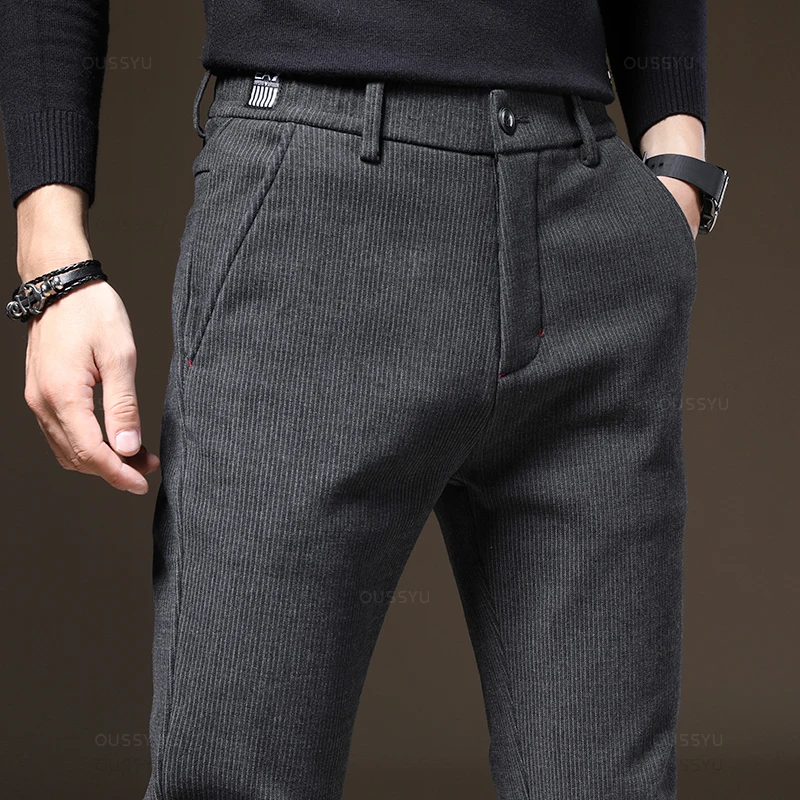 High Quality Autumn Winter Pinstripe Casual Pants For Men Cotton Blend Fashion Business Black Grey Thick Trousers Male Brand