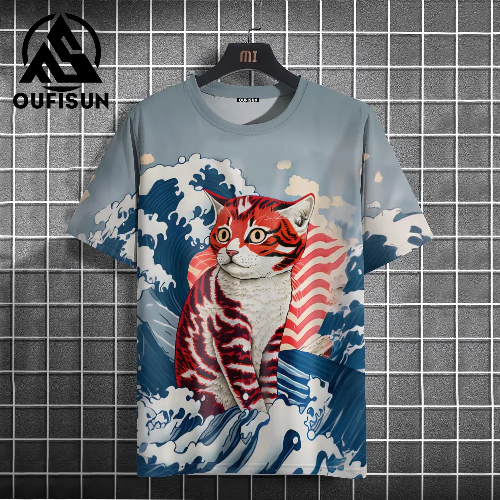 Ukiyo-e painting T-Shirt For Men Hip Hop Animal Cat Short Sleeve Tees Oversized Streetwear Casual Sweatshirt Men\'s Clothing Xl