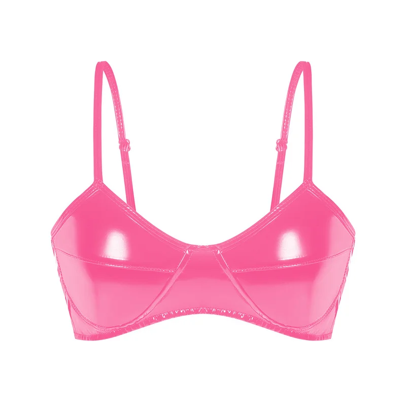 Damen Neckholder-Top aus glänzendem PVC-Kunstleder, Bustier-Top, Bikini-Crop-Tops, kurzes Croptop, sexy BH, Clubwear, ärmelloses Camisole
