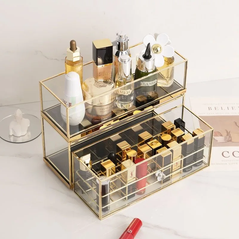 Golden Glass Cosmetic Storage Box Makeup Organizer Perfume Lipstick Make Up Brush Tools Box for Cotton Pads Jewelry Display Rack