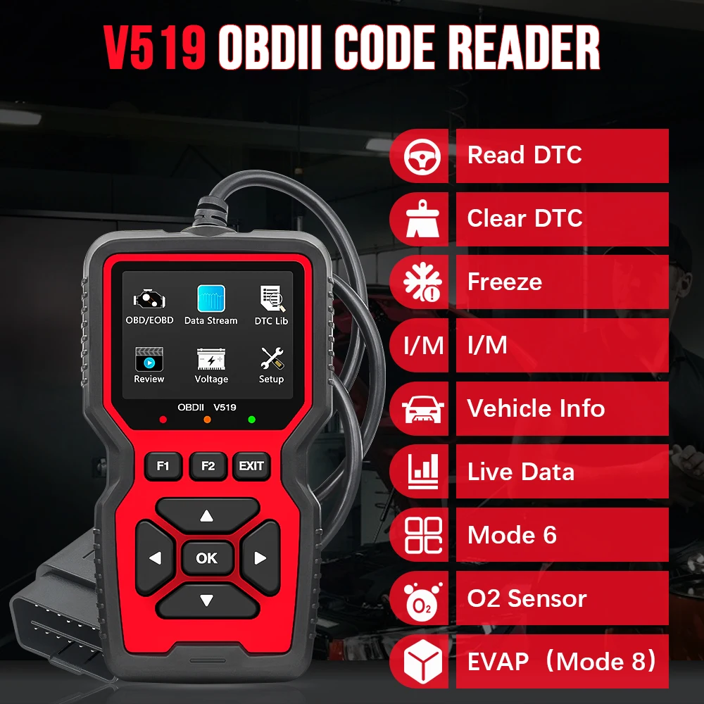 V519 OBDII Code Reader Live Data Read Clear DTC O2 Sensor Diagnostic Tool Voltage Tester Check Engine OBD Car Scanner