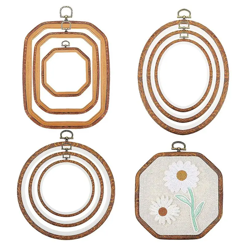 

A25I-9Pcs Embroidery Hoops Imitated Wood Display Frame Circle Oval Octagonal For Art Craft Sewing And Hanging Ornaments Decor