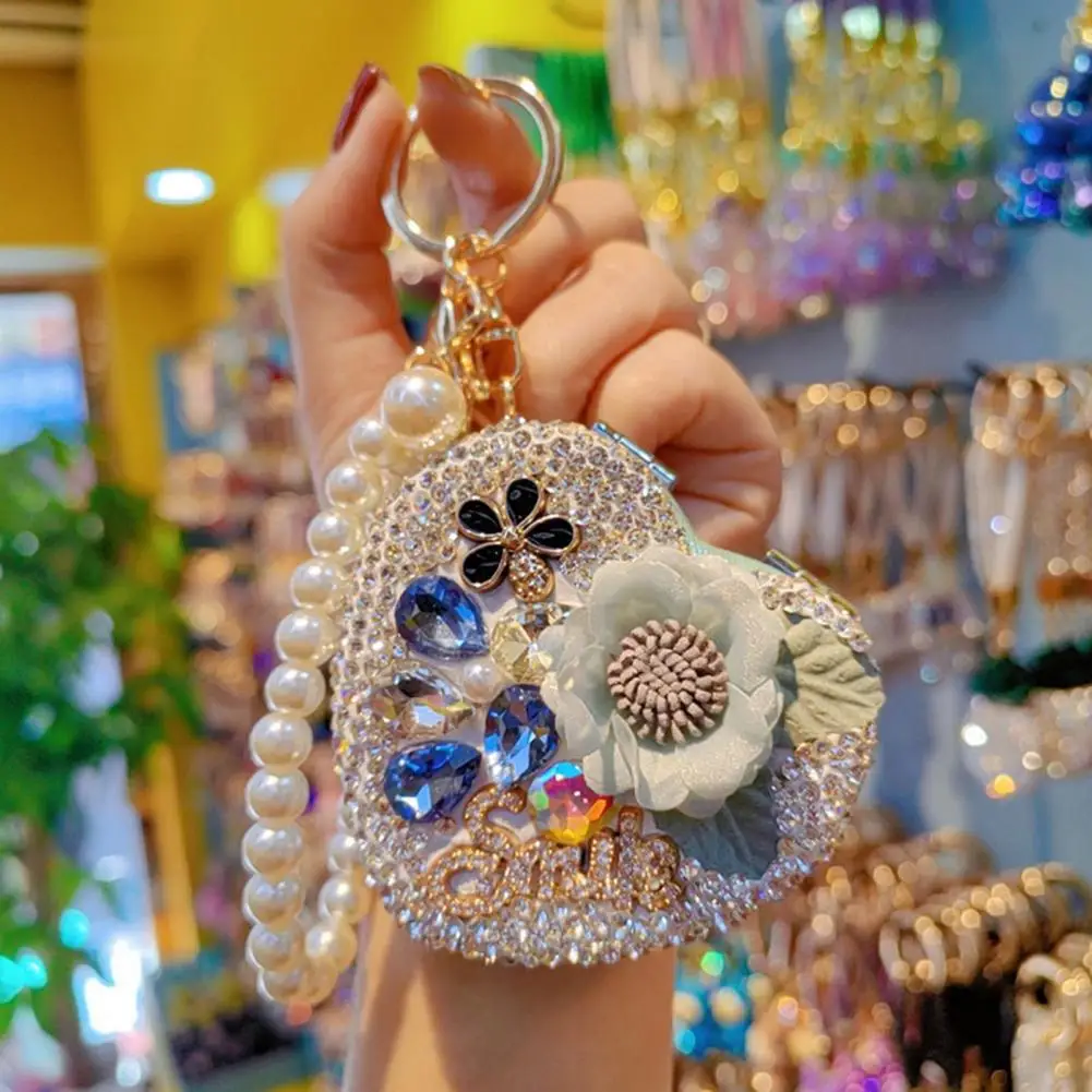 

Gauze Flower Keychain Folding Mirror Keychain Portable Makeup Mirror Rhinestone Pearl Chain Sparkling Pendant Handbag Accessory