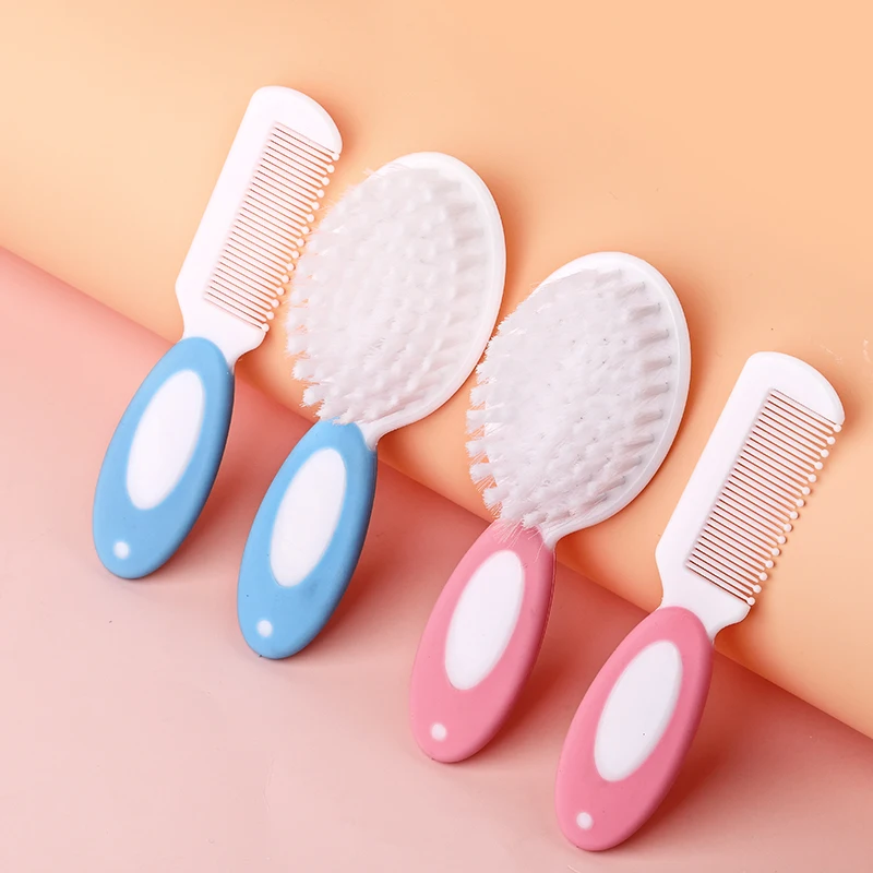 Bonito 2 em 1 cuidados infantis conjunto de escova de pente de bebê cerdas de nylon macio escova de cabelo formato redondo