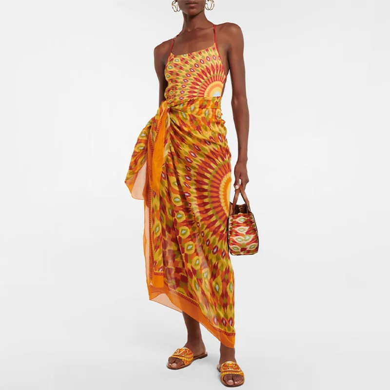 

2023 New Printed One-Piece Swimsuit Women's Beach Holiday Set Dring Gown Surfing Swimwear ort Sve Fixed Chest Pad