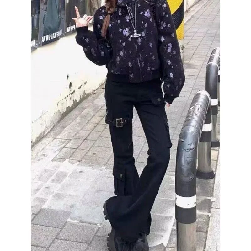 New Spring and Autumn Style Micro-flare Design Touch Pocket American Trousers Strapped Jeans Retro Loose Work Pants