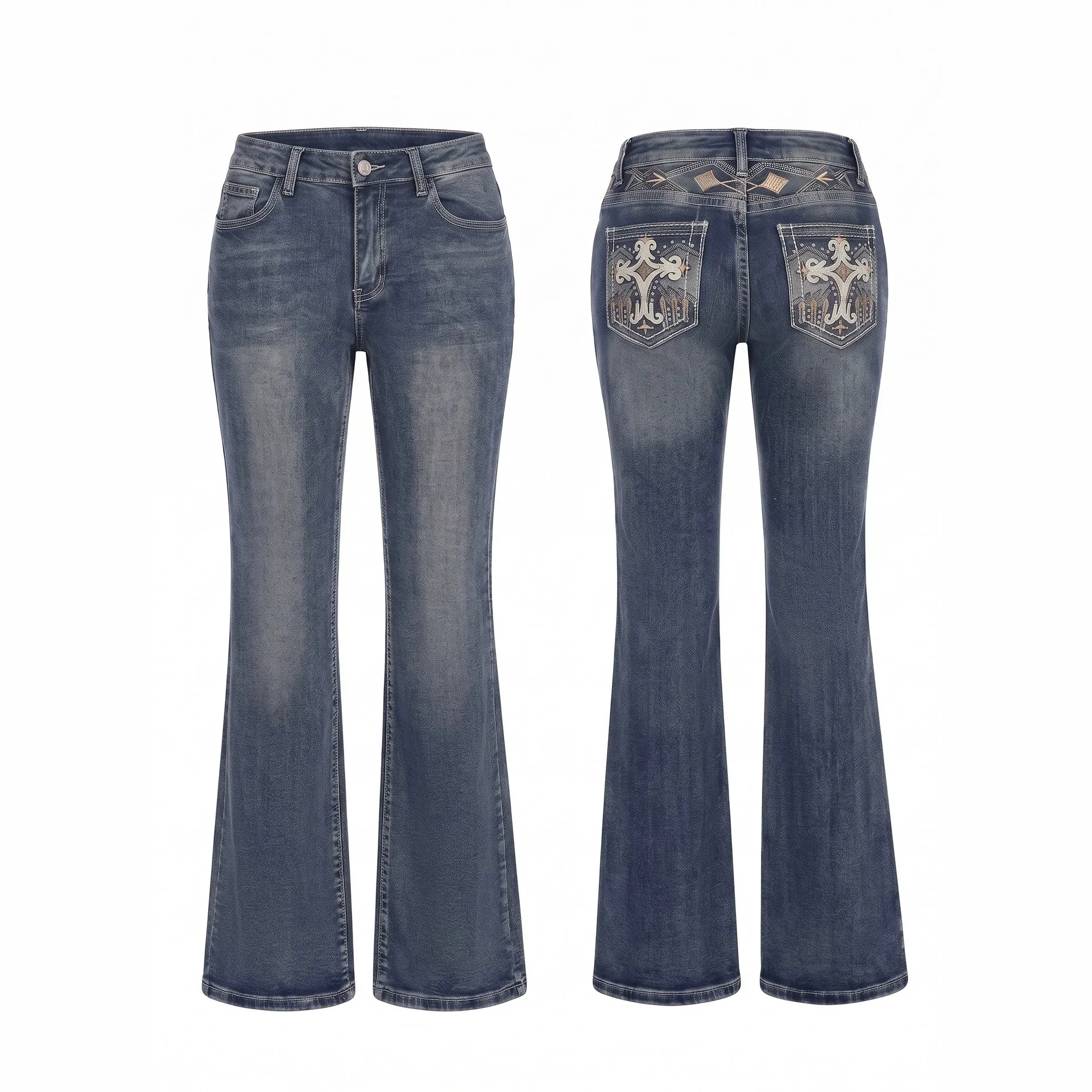 Women's Jeans Geometric Cross Embroidered Micro-pull Pants, Dark Blue Old High-waisted Denim Trousers Spot Wholesale