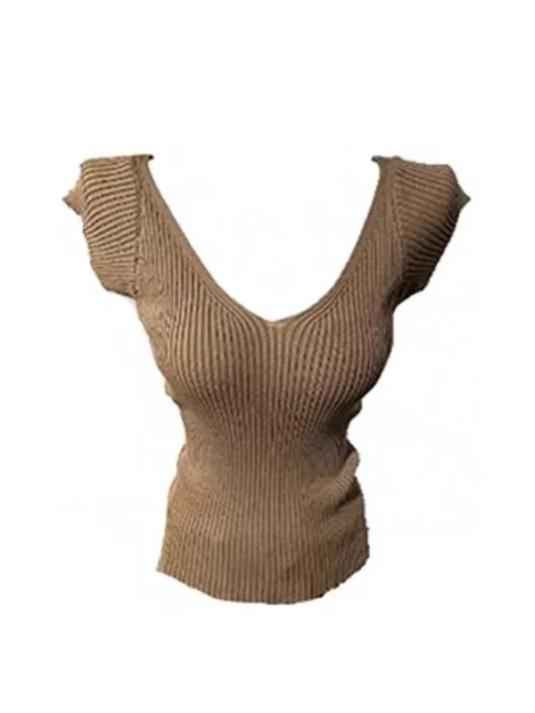 Slim Fit Korean Style V Neck T Shirt Women's Short Sleeve Knitted Top Summer New Style Body Shaping Fashionable Casual Wear