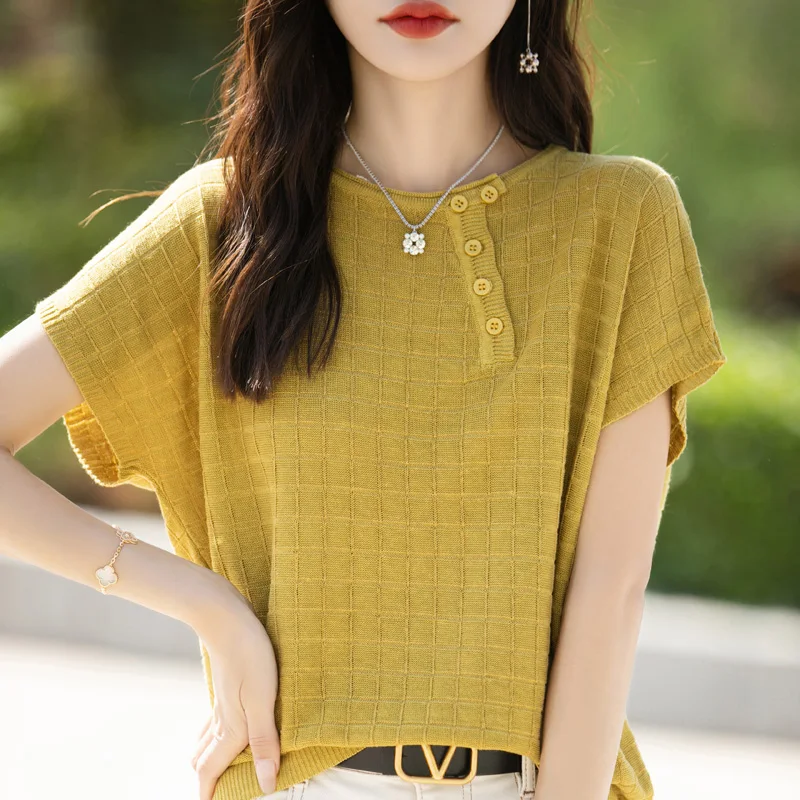 Women's T-shirt Summer 100% Cotton Sweater Short Sleeve Casual Knitwear Round Neck Ladies' Tops Loose Pullover Tees Buttons