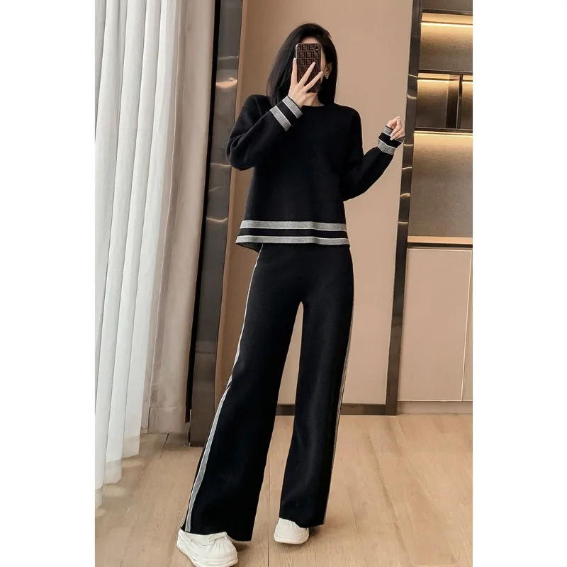 Women\'s Casual Pants Suit Sportswear Fashion Round Neck Long-sleeved Pullover Sweatshirt Loose Wide-leg Trousers 2pcs Track Suit