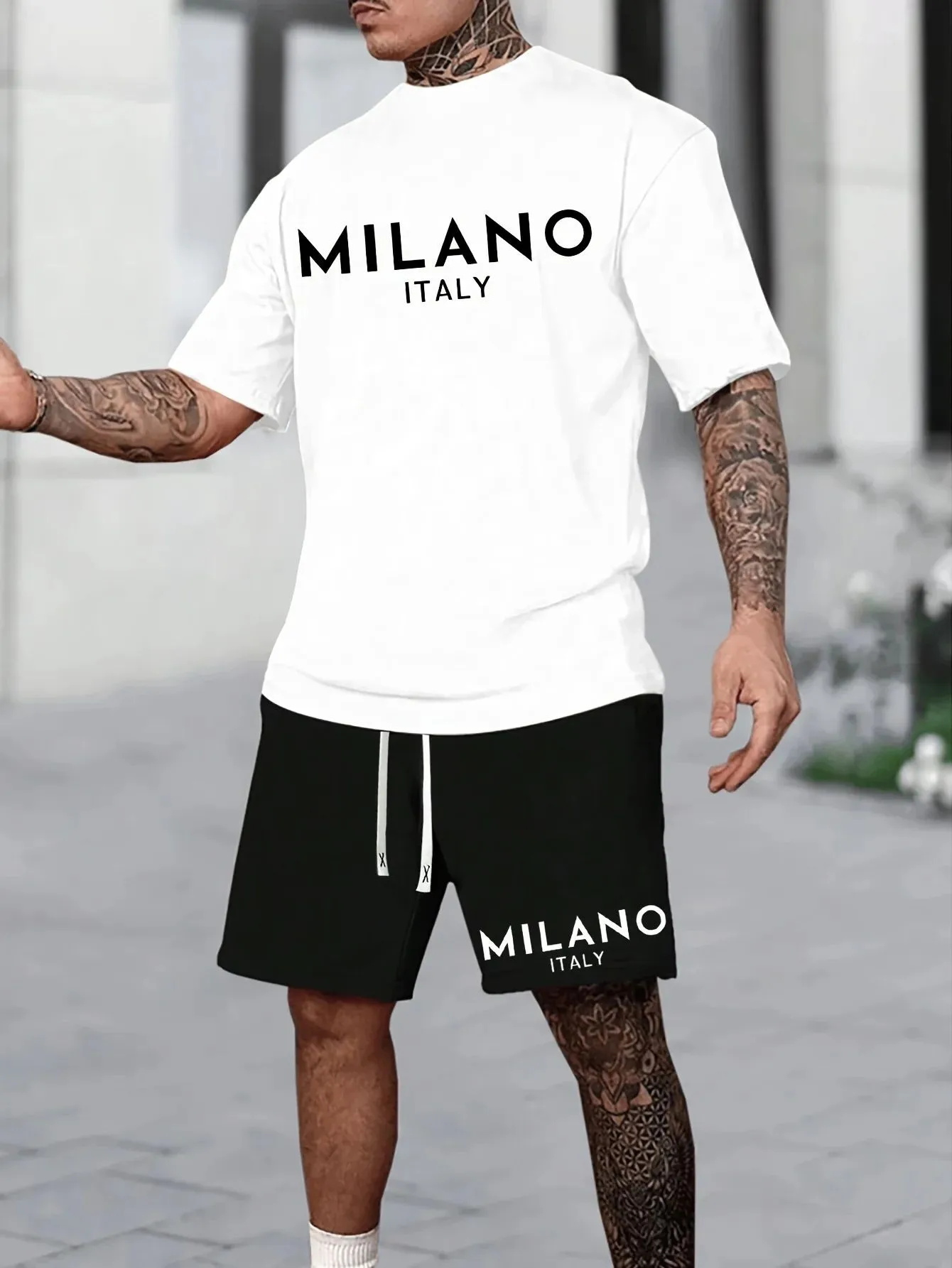 

2025 Summer New Letter Printed Men's Trendy Fashion Breathable Lightweight Short Sleeve T-shirt Men's Sports Set