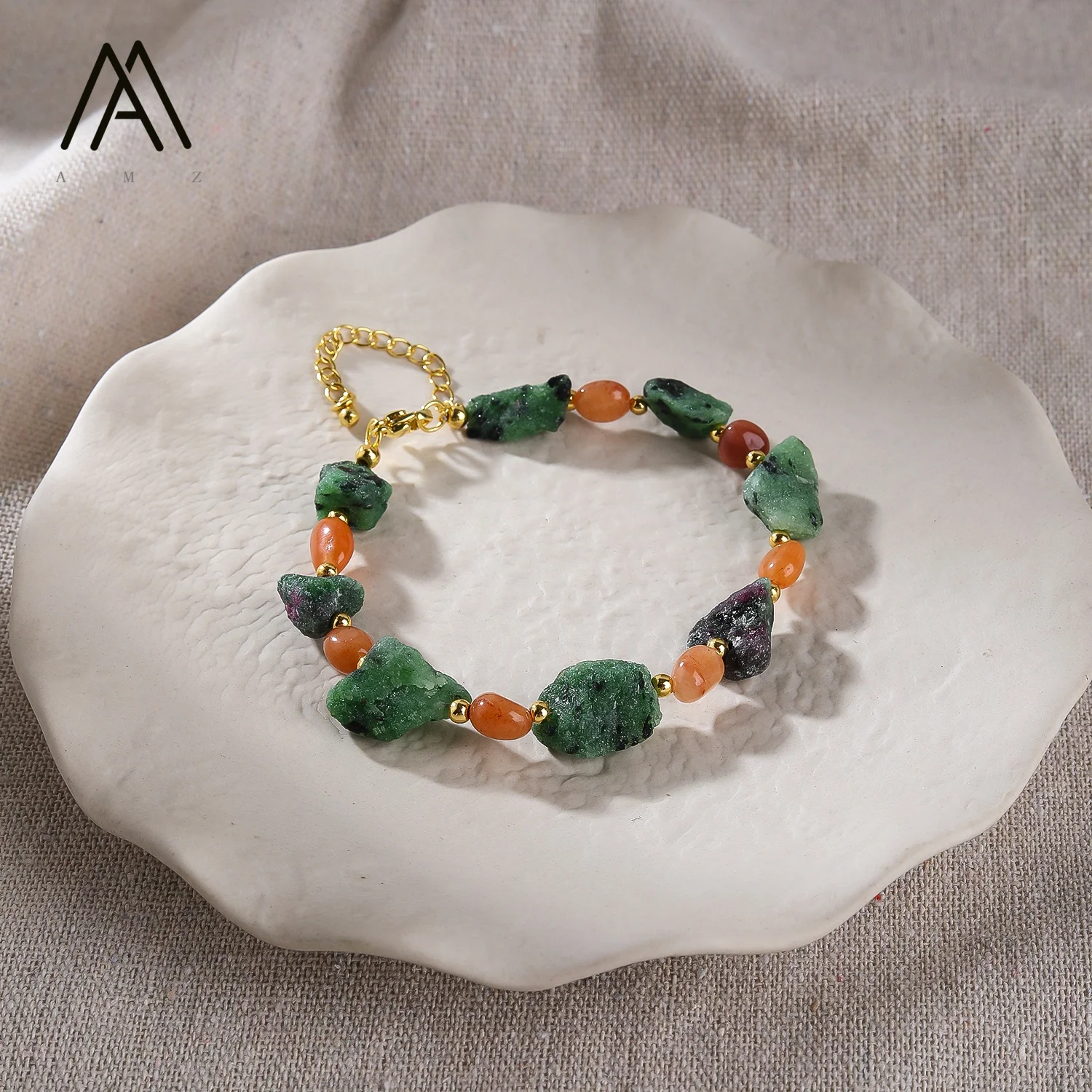 Raw Ruby Zoisite & Orange Aventurine Bracelet Natural Stone Fashion Women 18K Gold Plated Lobster clasp Bracelet Jewelry Gift