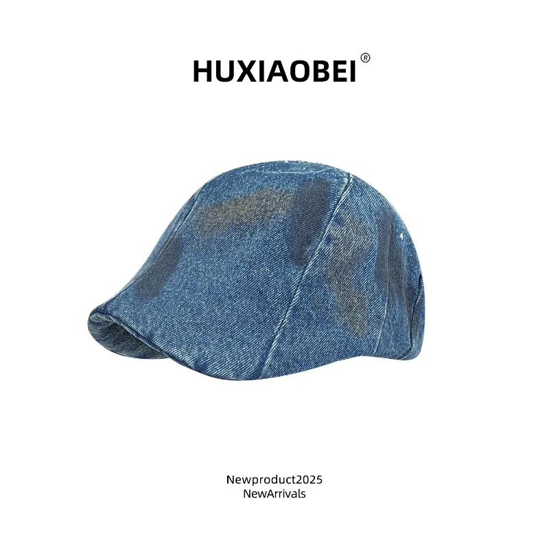 

Japanese Retro Denim Tie-dye Forward Hat Spring and Autumn Outdoor Casual Sunshade Short Brim Hip-hop Berets for Men and Women