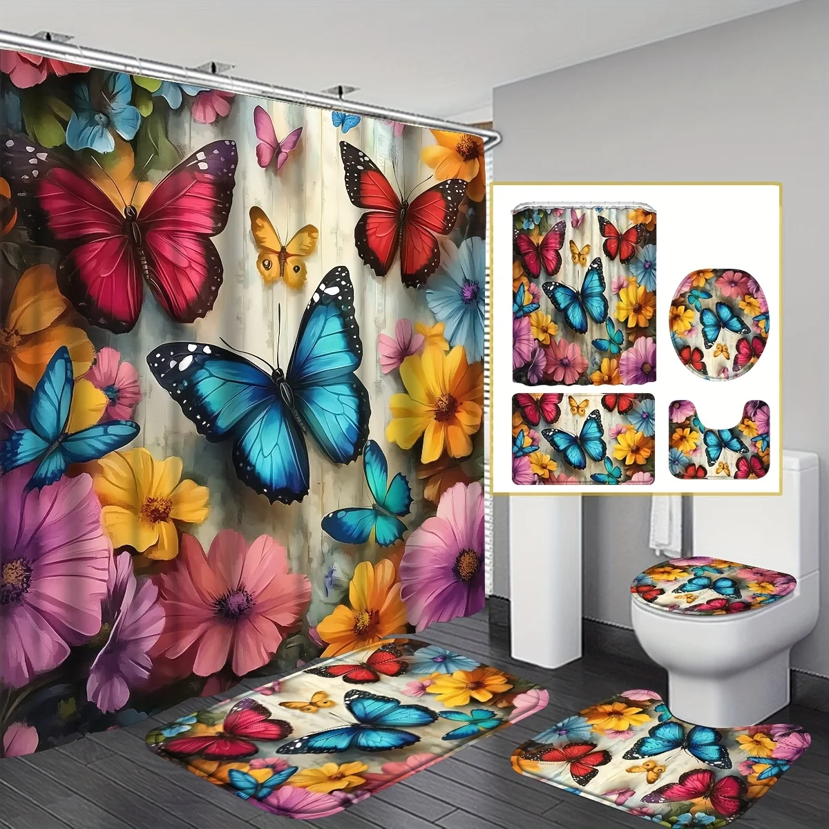 

Душевой набор Spring Butterfly Floral из 4 предметов: коврик, U-образная подушечка, крышка, занавеска (12 крючков). Красочный садовый декор.