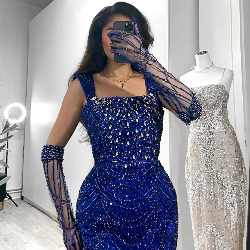 Elegant Beads Mermaid Evening Dress for Women 2025 Luxury Arabic Pearls with Gloves Formal Prom Wedding Party Gowns Customized image 3