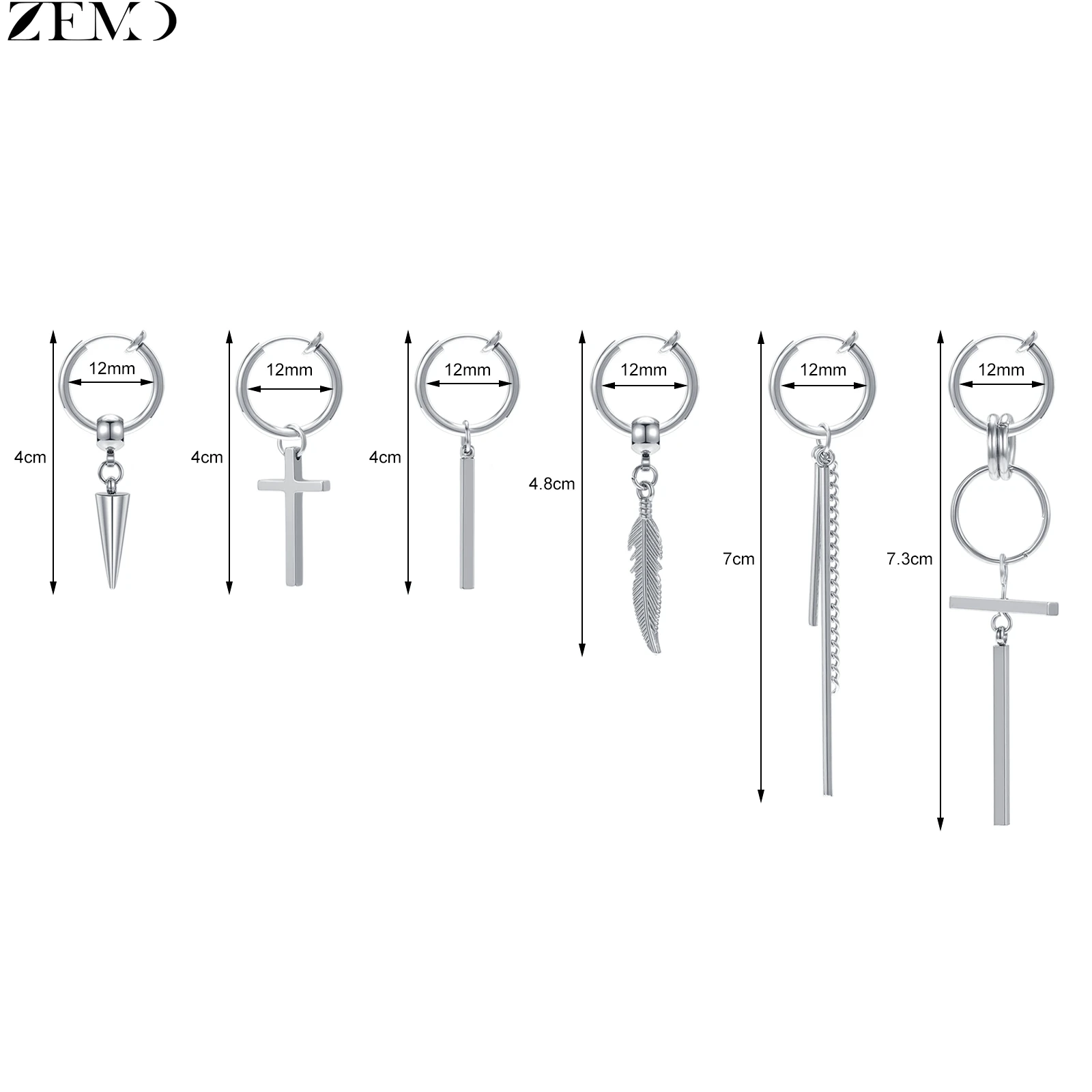 ZEMO 6pcs/lot Korean Style Stainless Steel Clip-on Earrings Set Unisex No-Pierced Pendant Earring Feather Tassel Fake Piercings