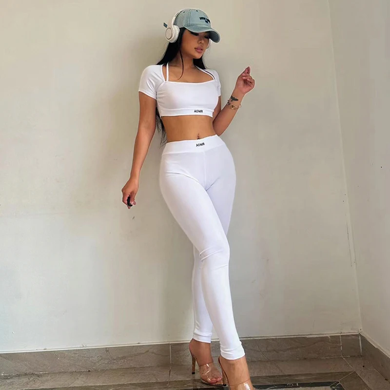 BIIKPIIK Sporty Fitness Fashion Two Piece Sets Solid Crop Top + Elastic High Waist Pants Suits Casual 2023 Summer Basic Clothes