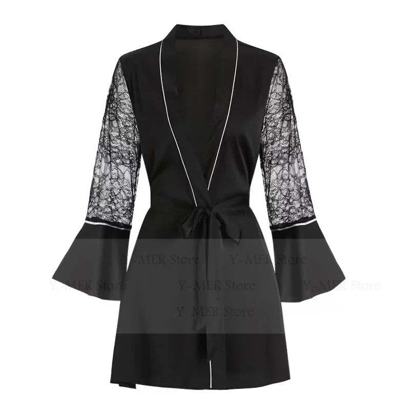 

Sexy Lace Flare Sleeve Robe Sleepwear Short Kimono Gown Bathrobe Satin Women Wedding Party Dress Short Intimate Lingerie