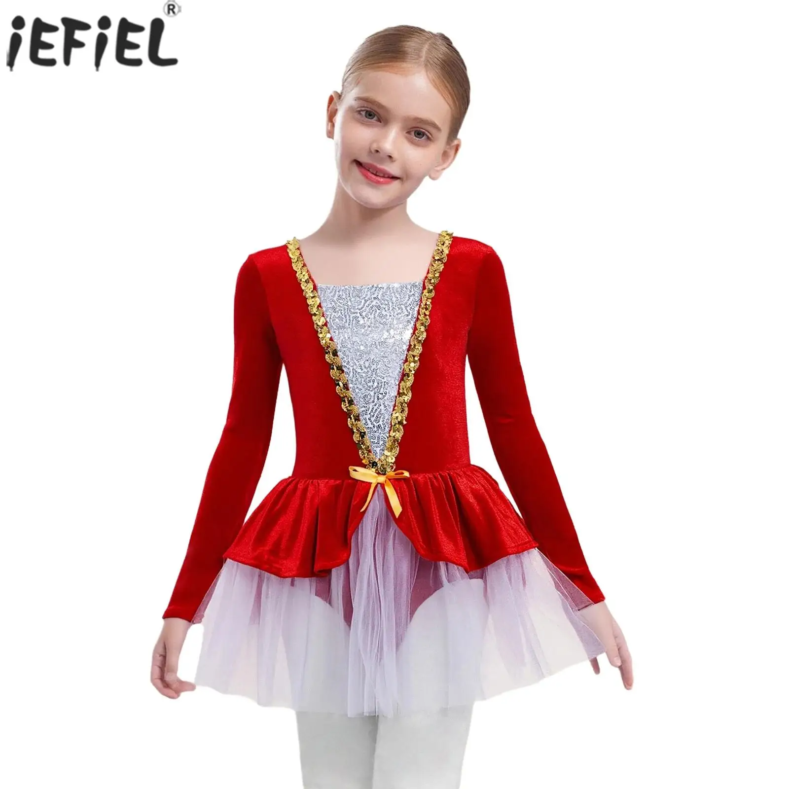 Girls Figure Skating Ballet Dance Costume Long Sleeves Shiny Sequin Velvet Tutu Dress Gymnastic Leotard Carnival Party Dancewear