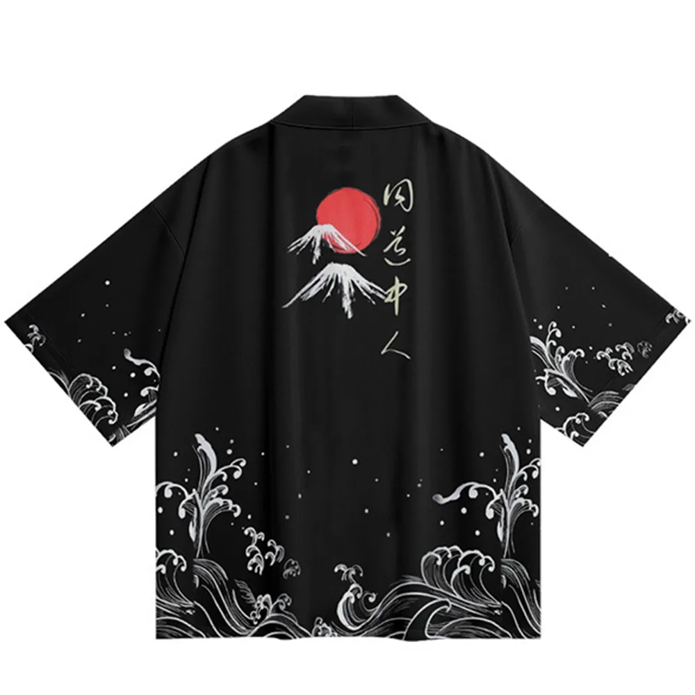 

Oversized Cardigan Kimono 2025 Summer Beach Print Men's Japanese Samurai Haori Robe for Cosplay Streetwear Black Tops Yukata