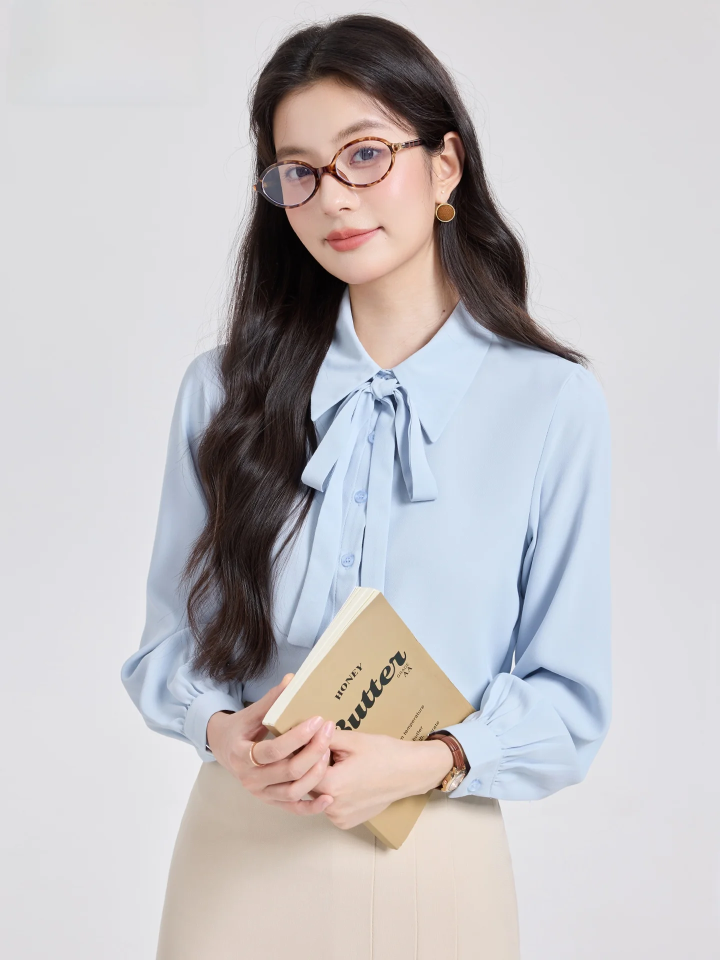 

Light Blue Bow Tie Shirt Commute Style Women's Set Casual Chic Office Wear Breathable Polyester Long Sleeve Square Collar