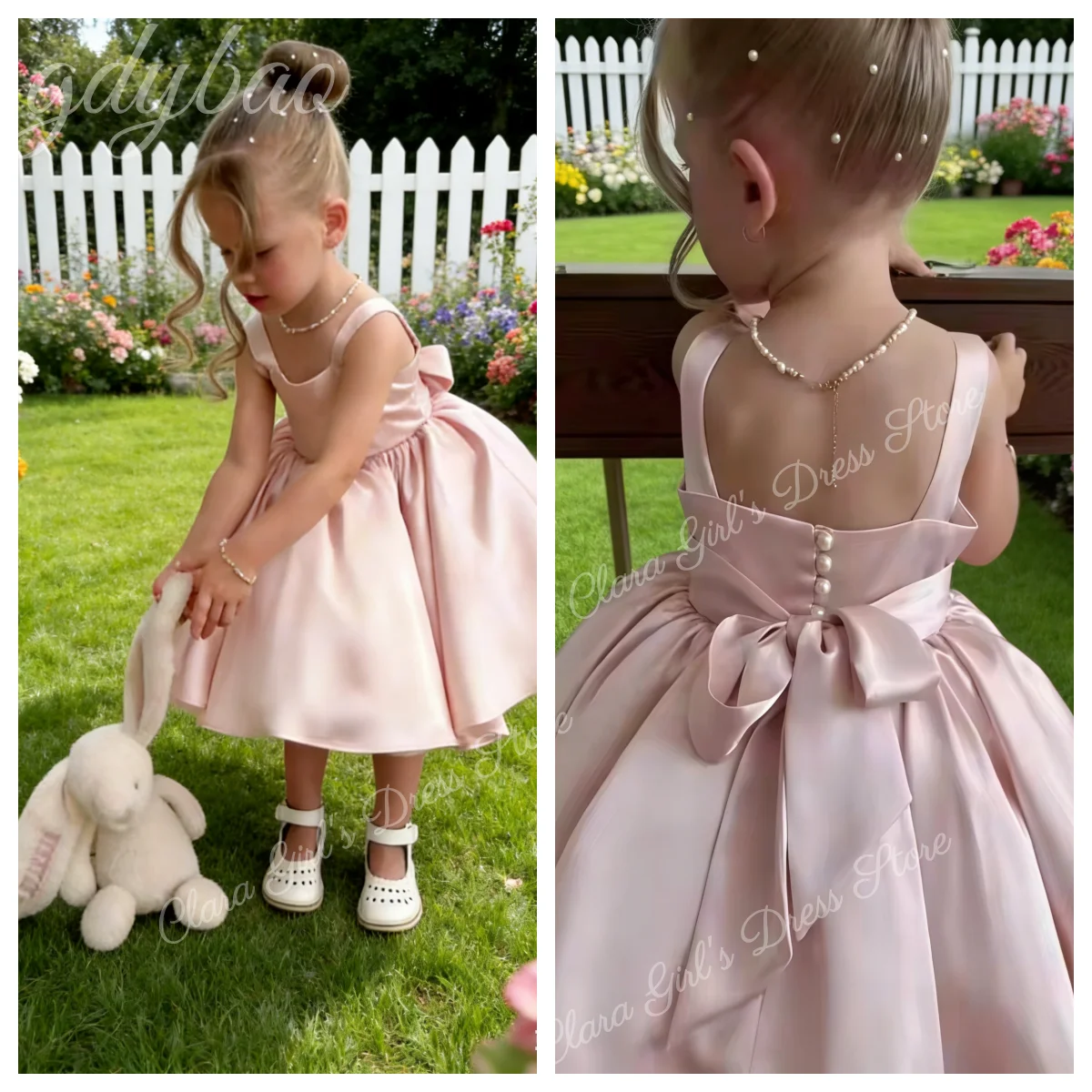 

Розовое атласное платье с квадратным вырезом для девочек-цветочниц длиной до колена, детский наряд для дня рождения и свадьбы