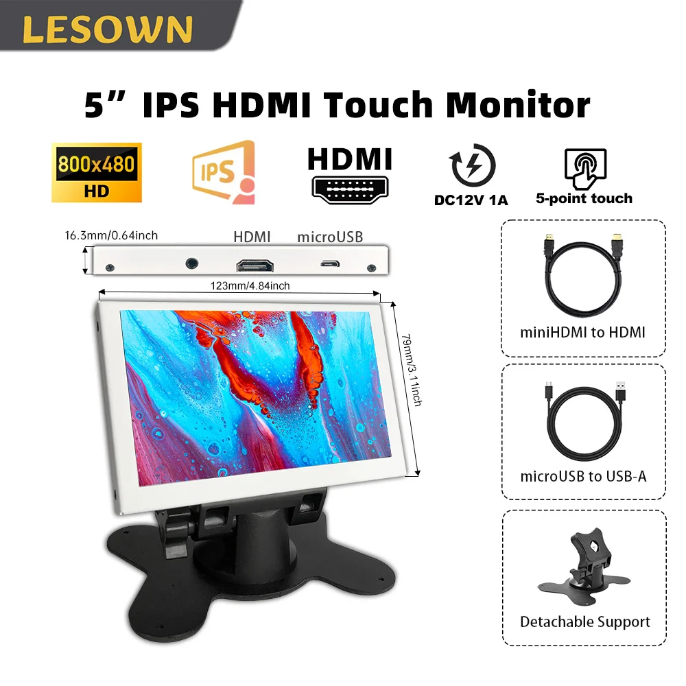 LESOWN Compacte 5-inch HDMI-monitor 800x480 IPS LCD Draagbaar extern display Kleine monitor voor werkgaming en doe-het-zelfprojecten PC