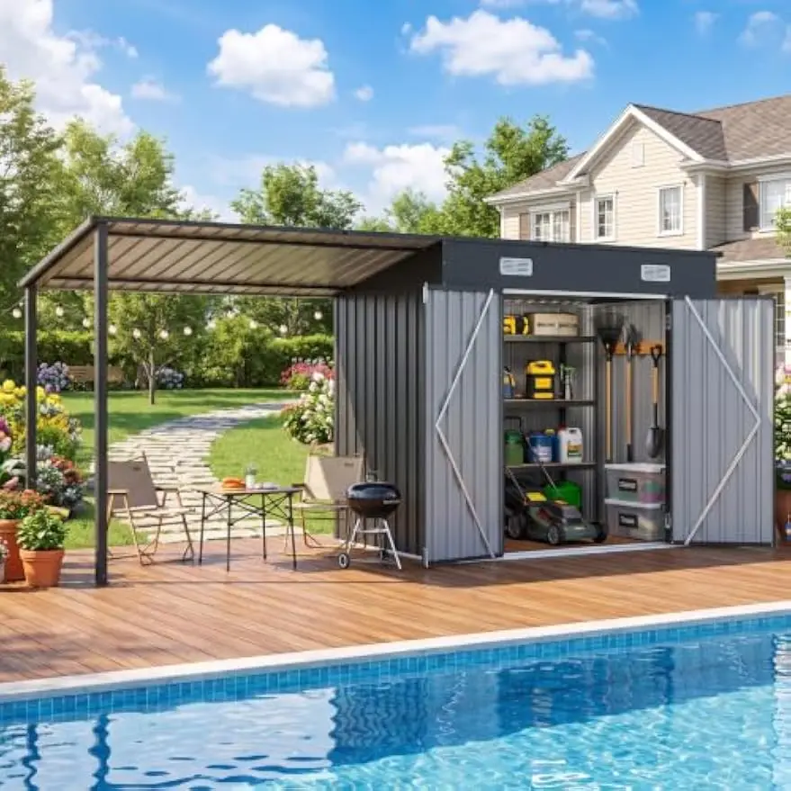 Outdoor Storage Shed And Hardtop Gazebo Combo, Metal Lean To Tool Organizer Shed With Attached Patio Pergola, Garden Bike Shelter Station For Backyard Deck Lawn, Modern Style, Black, 1 Piece