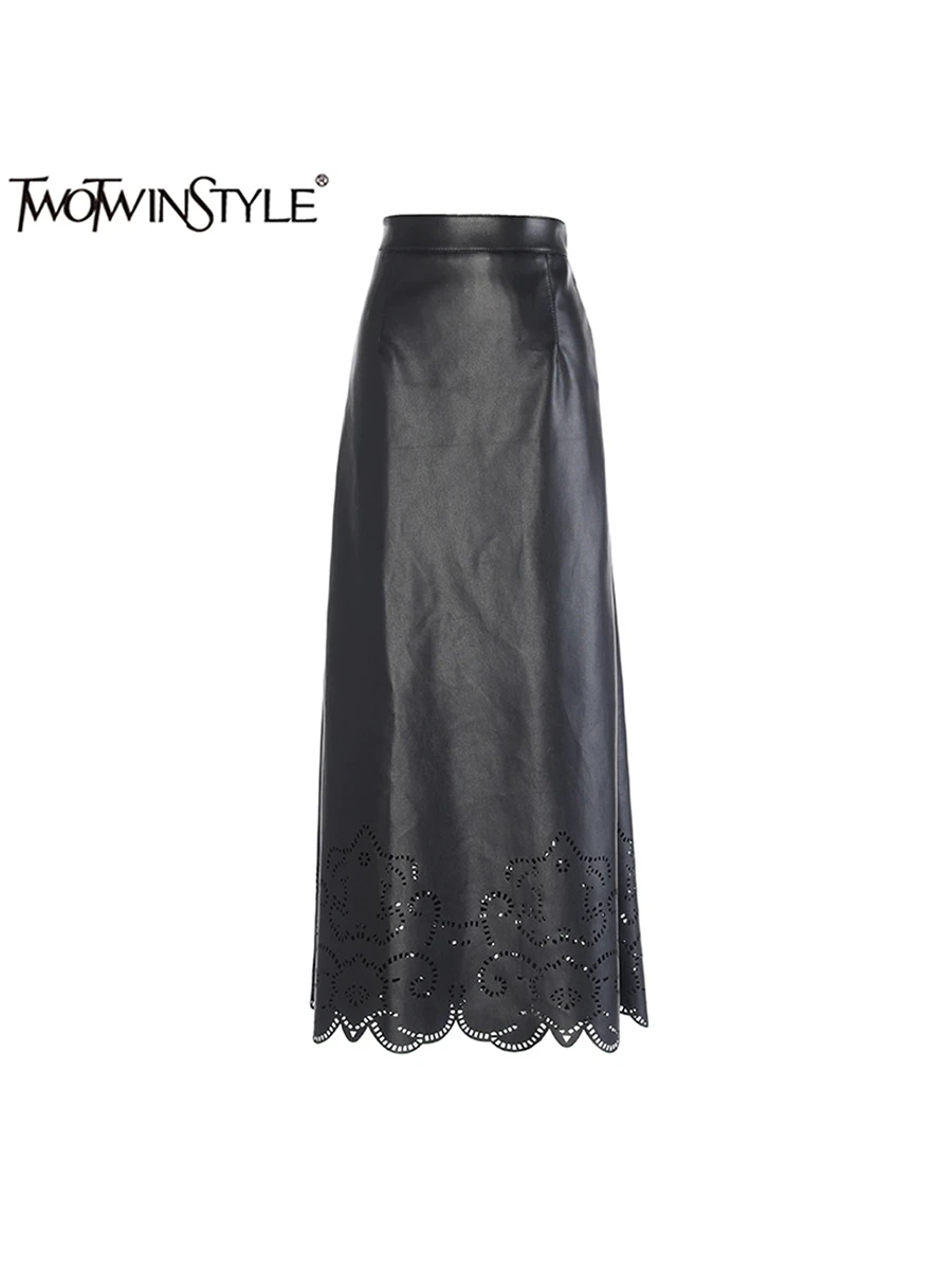 TWOTWINSTYLE Solid Cut Out Leather Temperament Skirt For Women High Waist Patchwork Zipper Fashion A Line Skirt Female Autumn