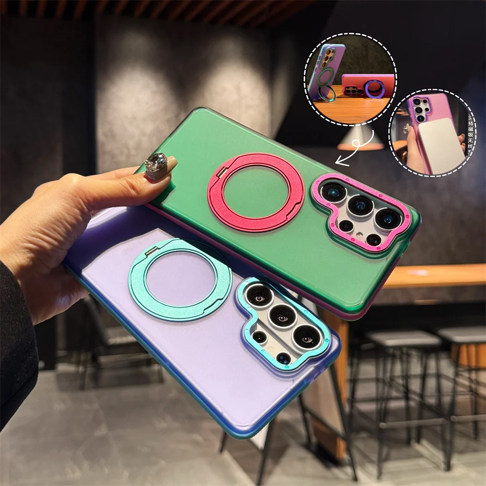 Contrasting Color 360 Rotating Magnetic For Magsafe Ring Stand Phone Case For Samsung Galaxy S26+ Plus S25 S24 FE S23 S22 Ultra