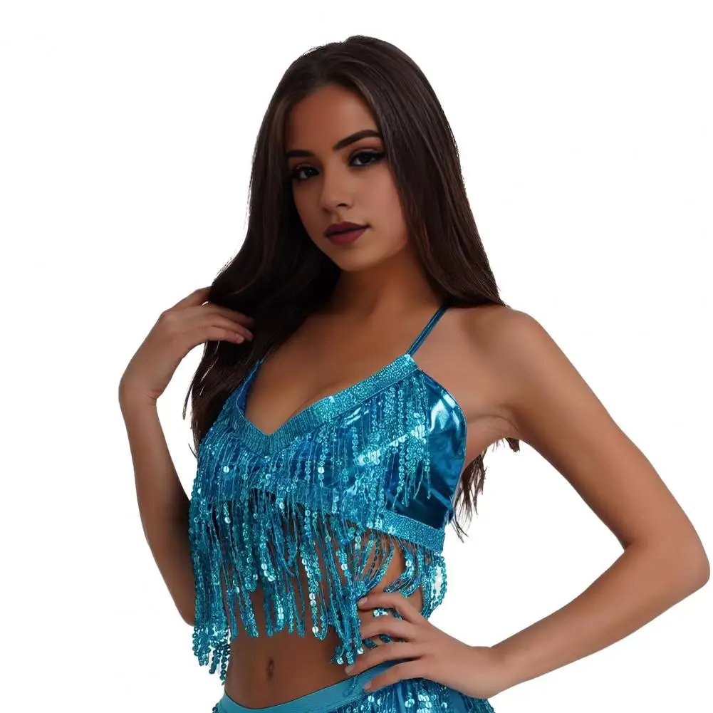 Halter Neck Tank Top Sparkling Sequin Fringe Halter Top for Women Belly Dance Nightclub Performance Bra Shiny Bronzing Vest Sexy