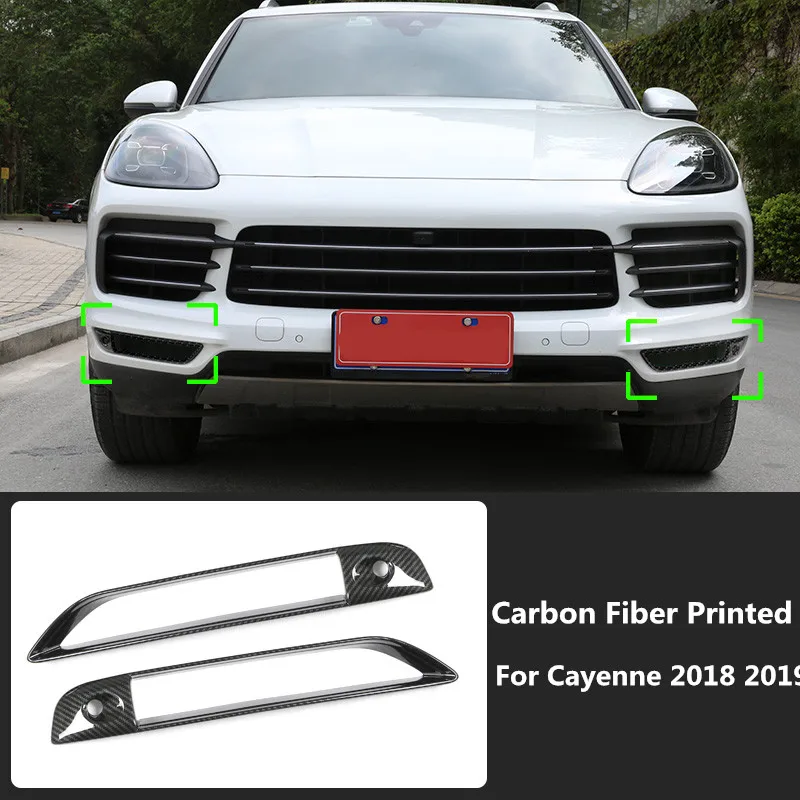 For Porsche Cayenne 2018 2019 Styling Accessories Carbon Fiber Printed Car Front Grille Moulding Trim Fog Light Lamp Cover