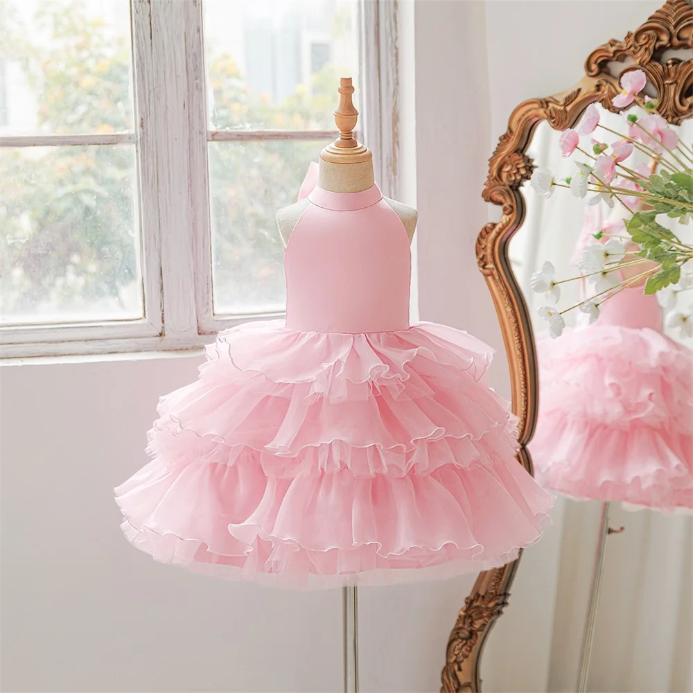 Girls Bow Mesh Layered Dress Ball Gown Elegant Party Dress Princess Skirt for Birthday Host Piano Performance Outfit