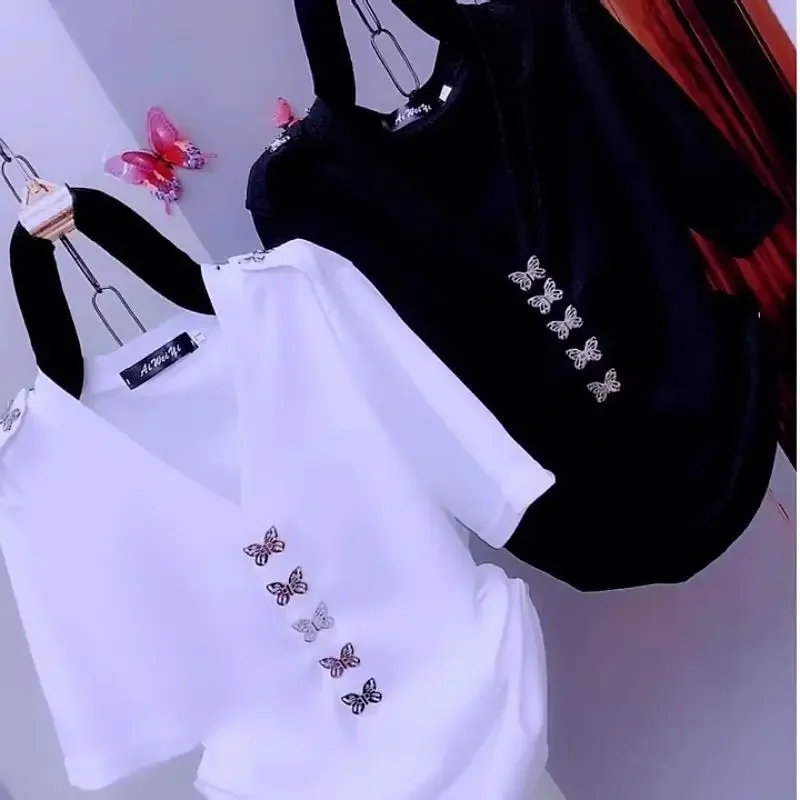 Korean Solid Color T-shirt Butterfly Three-dimensional Decoration Female Summer Elegant V-Neck Sexy Backless Pullovers Z254