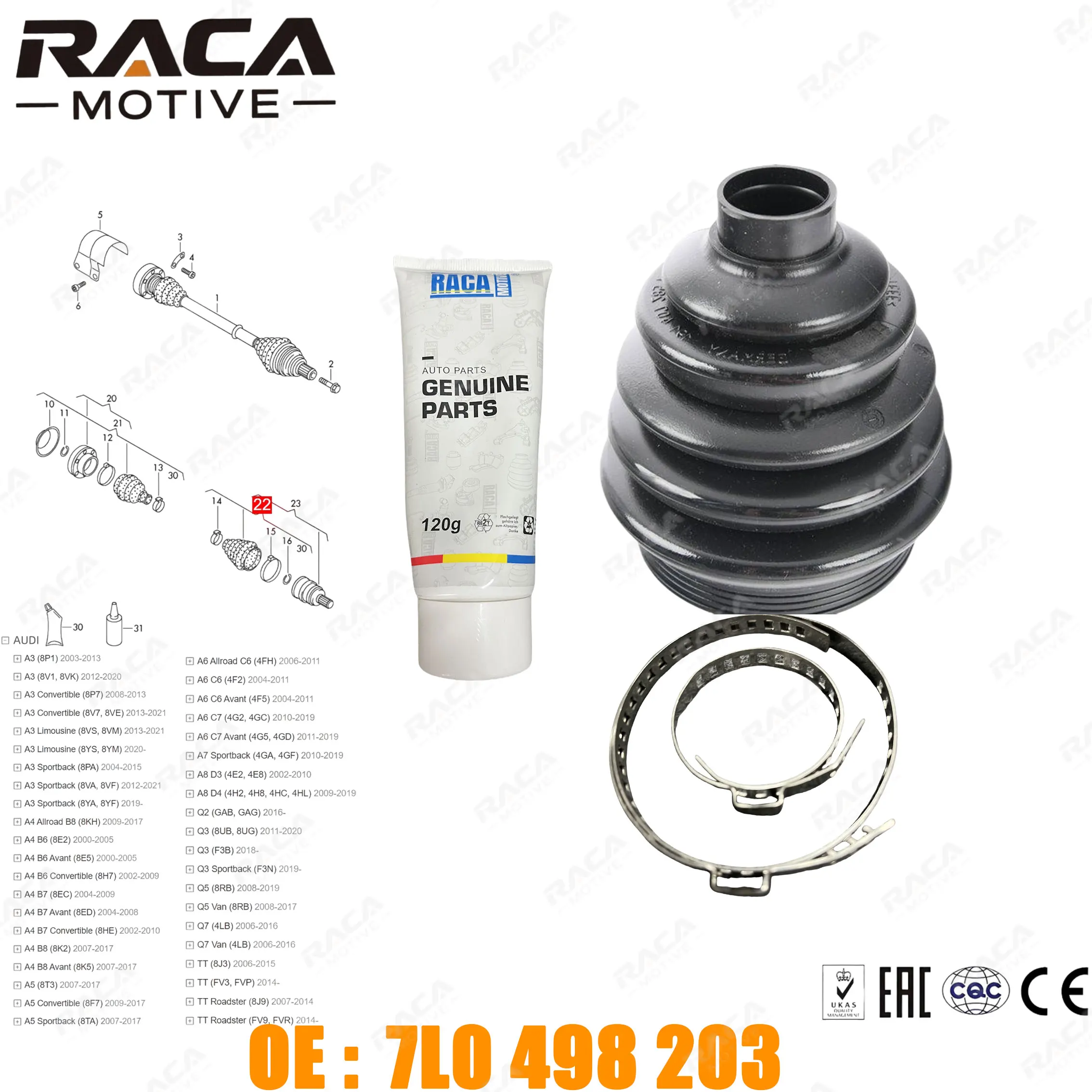

Front Axle Drive Shaft Dust Cover Assembly Suitable for Audi Tt Q7 Q5 Q3 Q2 A3 A4(B6 B7 B8) A5 A6(C6 C7) A7 A8(D3 D4) 7L0498203 8K0498203