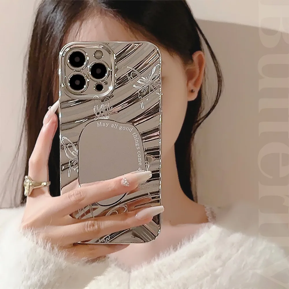 Luxury Silver Wavy Plating Make Up Mirror Phone Case For iPhone 17 16 15 14 13 12 11 Pro Max XS XR X 7 8 Plus Shockproof Cover