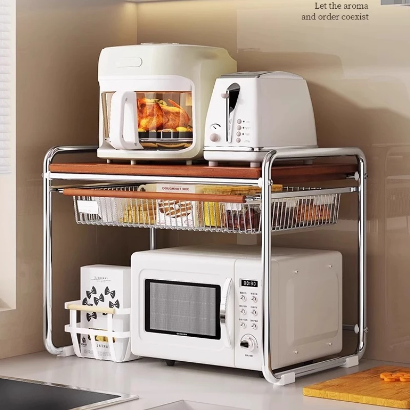 Vintage Microwave Shelf, Multi-Functional Kitchen Organizer, Drawer-Equipped Rack for Cookware and Appliances