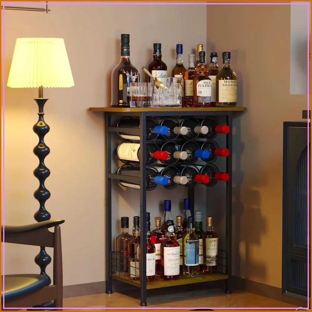 3-Tier Wine Rack, Freestanding Floor Cabinet, Corner Bar Cart, Holds 30+ Bottles, Wood & Black Frame, Small Shelf for Home