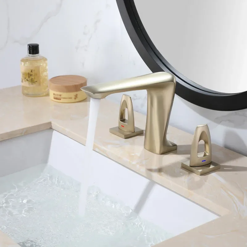 Brushed Gold Basin Total Brass Black Bathroom Widespead Sink 3 Hole Hot And Cold Waterfall Faucet Water Tap