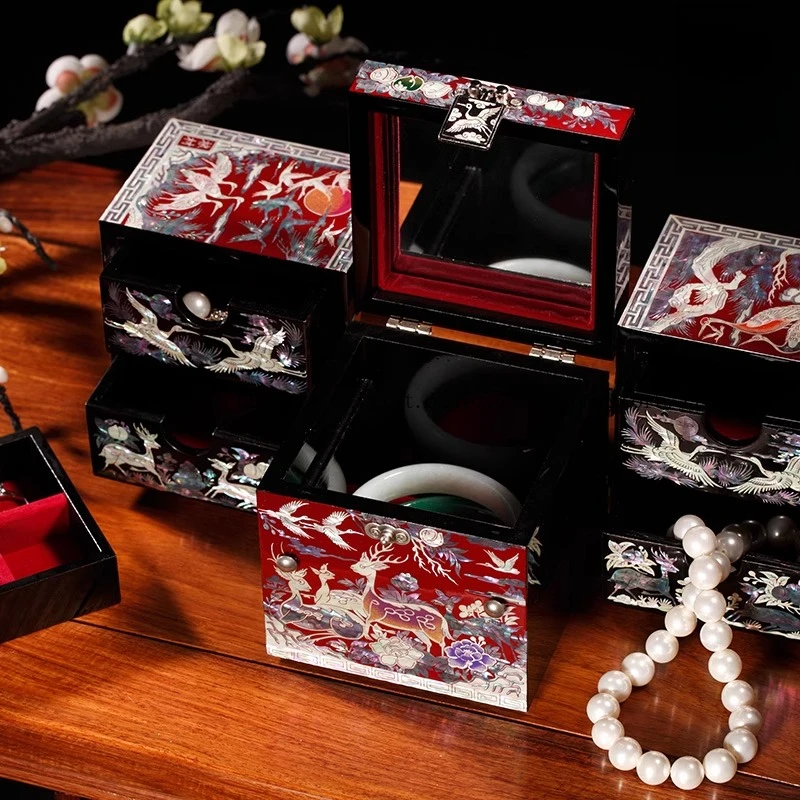 Antique Chinese Jewelry Box Handcrafted Wooden Lacquer Case with Mother-of-Pearl Elegant Wedding Gift for Brides