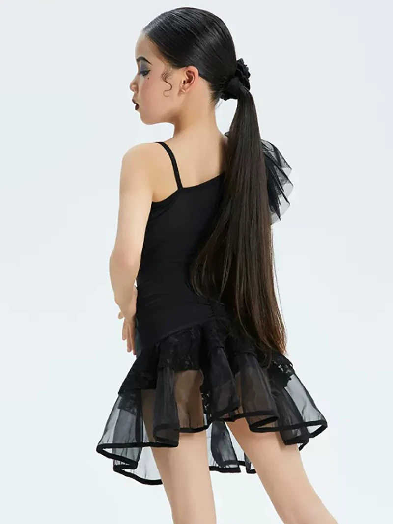 Kinder Meisjes Latin Dance Ruches Bodysuit En Mesh Grote Rok Zoom Ballroom Rumba Dancewear Training Chacha Performance Kostuums