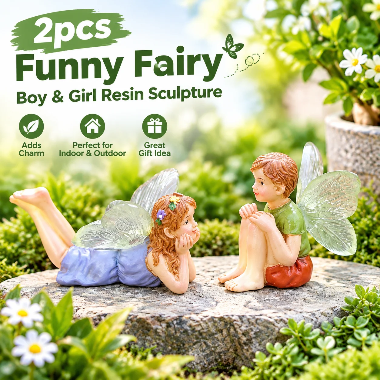 2pcs Funny Fairy Boy & Girl Resin Sculpture, Fairy Garden Accessories for Micro Landscape Flowerpot Lawn Yard Fish Tank Home