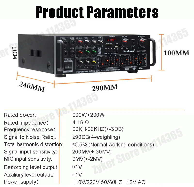 8000W Bluetooth-Verstärker 110/220V Audio-Stereo-Digital-Verstärker mit USB-, SD-, FM-, DVD-, AUX-Unterstützung, 4-Wege-Mikrofoneingang und Fernbedienung – Detail 10