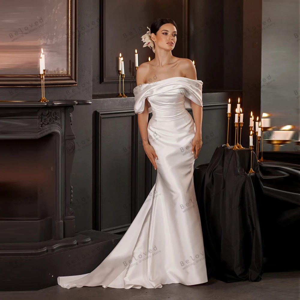 Abiti da sposa semplici Abiti da sposa sexy Abiti in raso con spalle scoperte Lunghezza pavimento Abiti da sposa affascinanti personalizzati