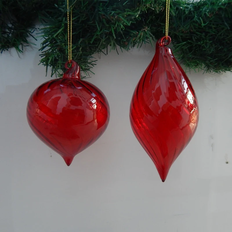 

8pcs/pack Different Shape Red Series Striped Glass Pendant Christmas Day Decoration Onion Cone Hanger Window Display Hotel