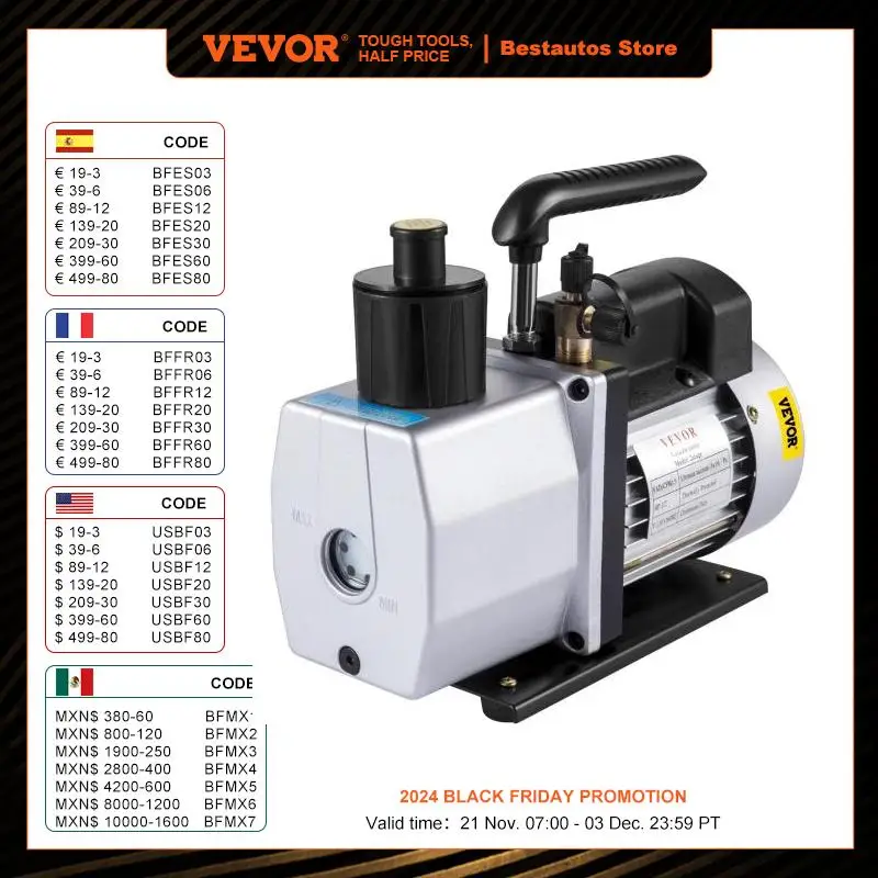 VEVOR Vacuum Pump 5CFM 1/2 HP 2-Stage Air Conditioning Vacuum Pump 120V 0.3PA Ultimate HVAC Air Tool Rotary Vane Vacuum Pump